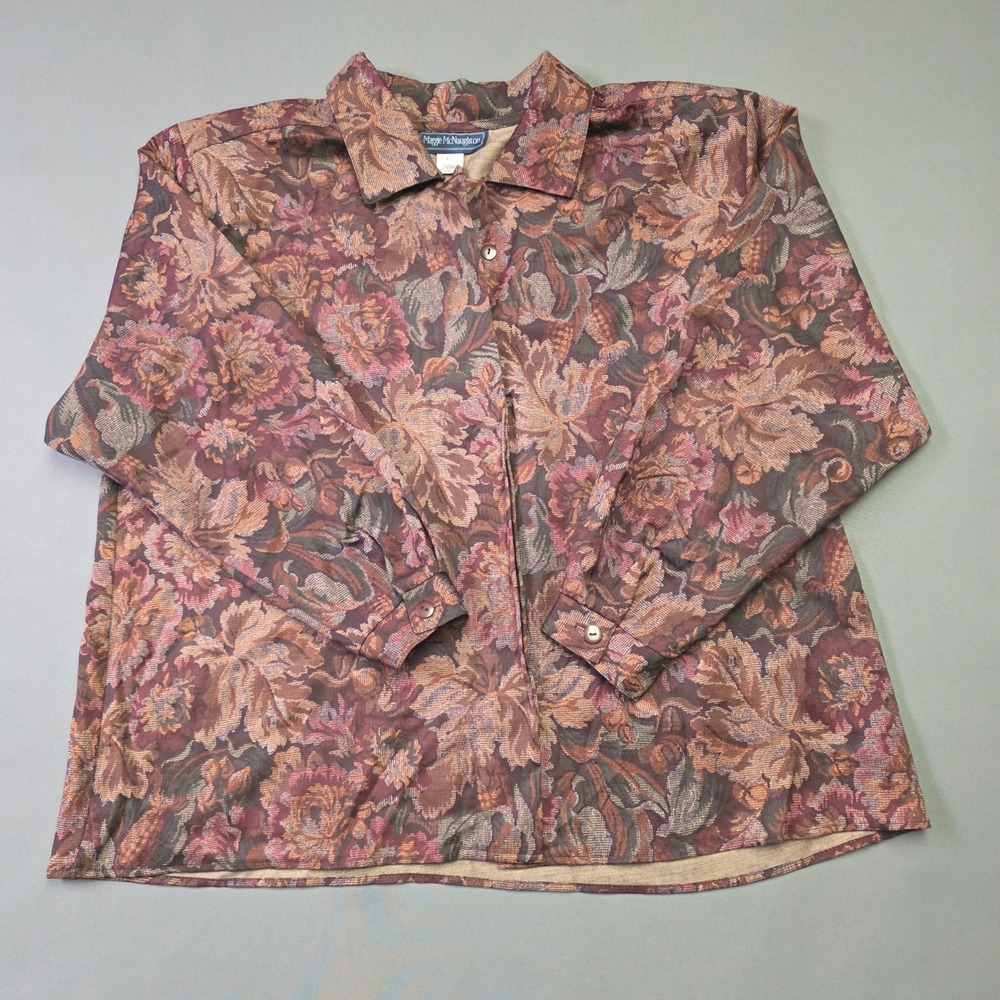 Maggie McNaughton Vintage Floral Button Up Blouse Brown Burgundy Plus Size 20W